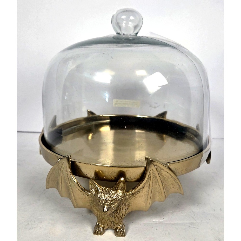 Halloween Bat Cake Stand Glass Dome Gold Gothic Cloche Spooky Hollow 7 Inch